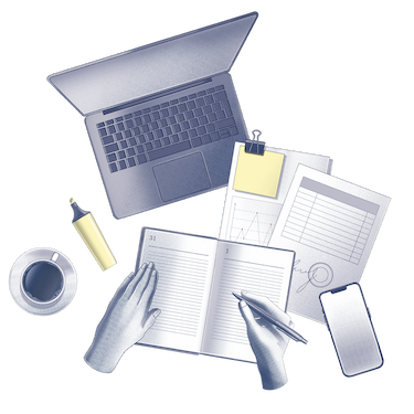 ilustração de uma computador com material de estudo à volta